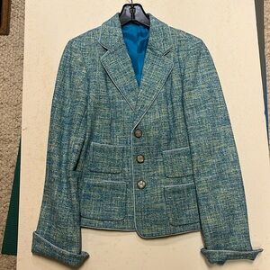 Ellen‎ Tracy Blue Green Tweed Cotton Blend Three Button Blazer